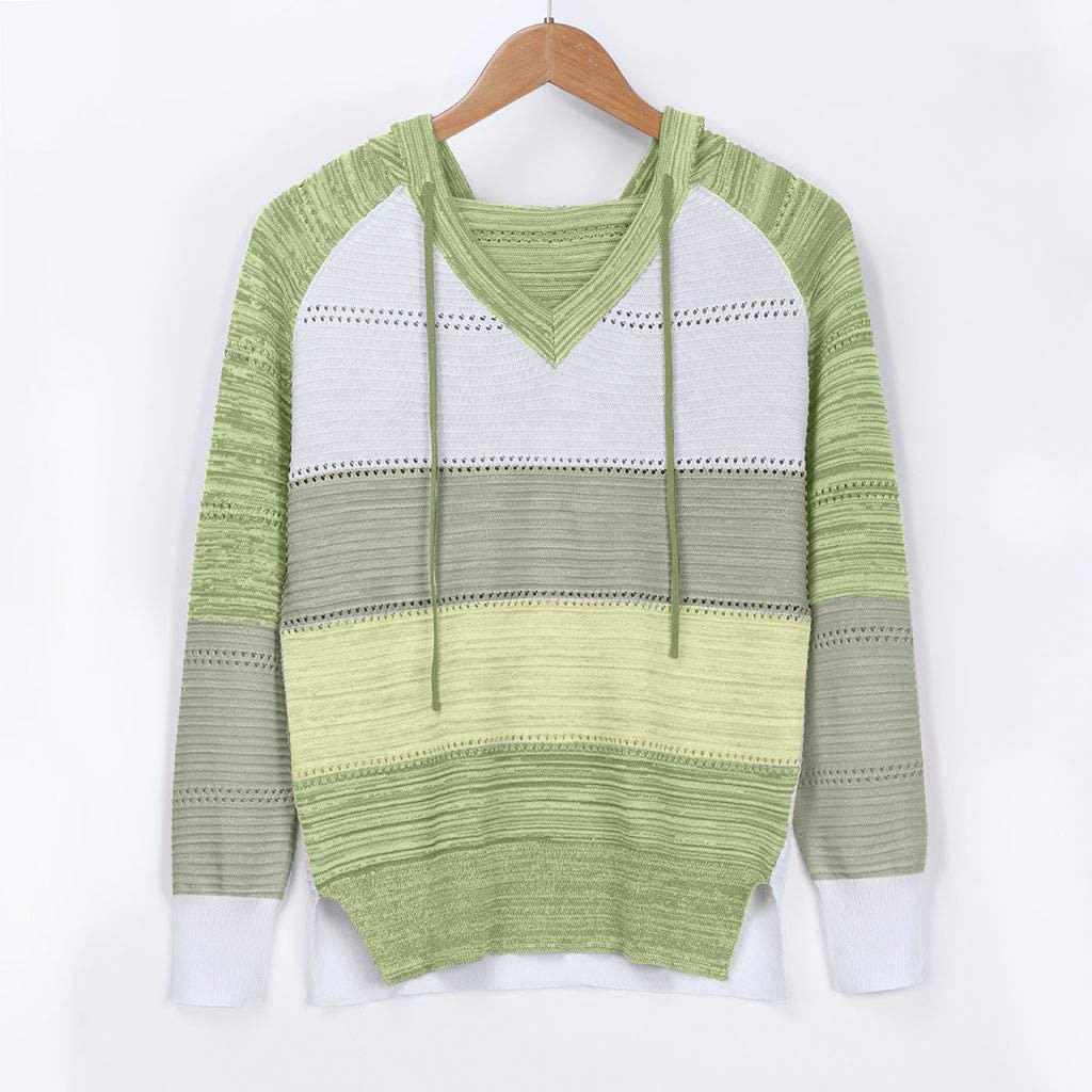 Dosoop Womens Oversized V Neck Striped Print Color Block Patchwork Hooded Sweaters Drawstring Hoodie