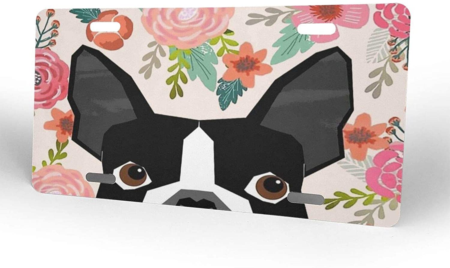 Boston Terrier Cute Flower License Plate Frame Aluminum Metal Covers,Metal Novelty Car Plate for Wom