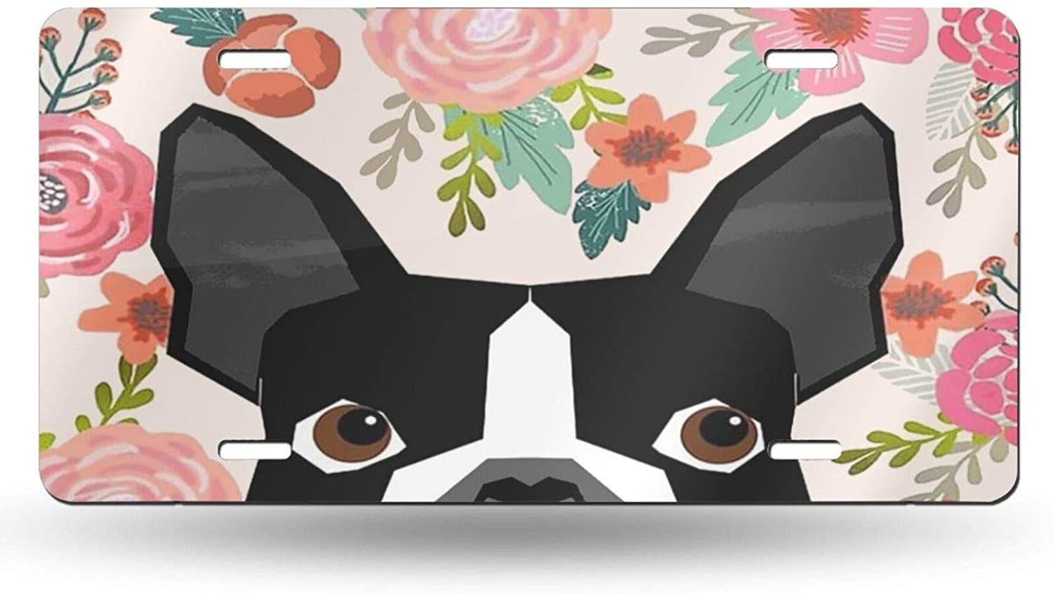 Boston Terrier Cute Flower License Plate Frame Aluminum Metal Covers,Metal Novelty Car Plate for Wom