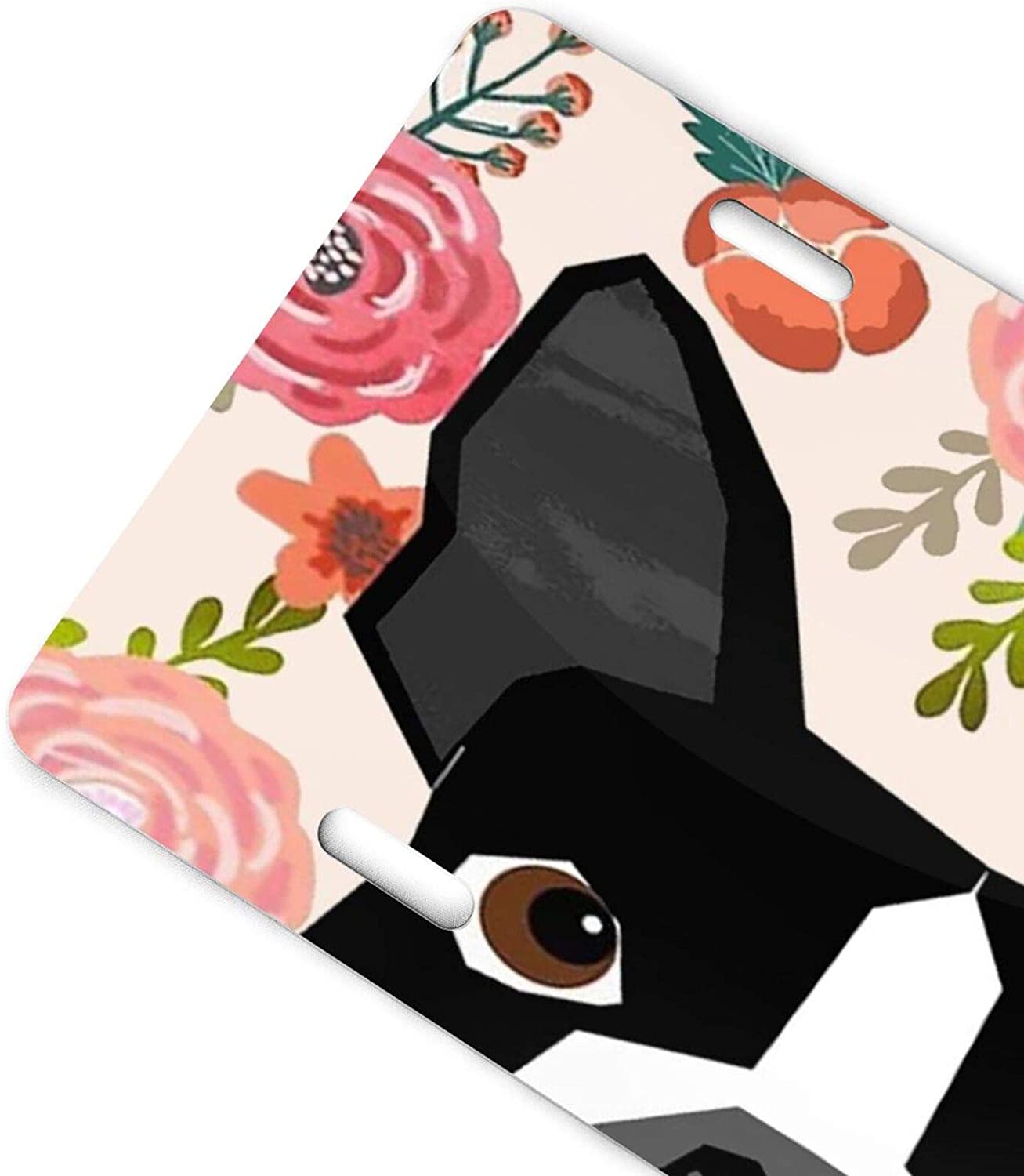 Boston Terrier Cute Flower License Plate Frame Aluminum Metal Covers,Metal Novelty Car Plate for Wom