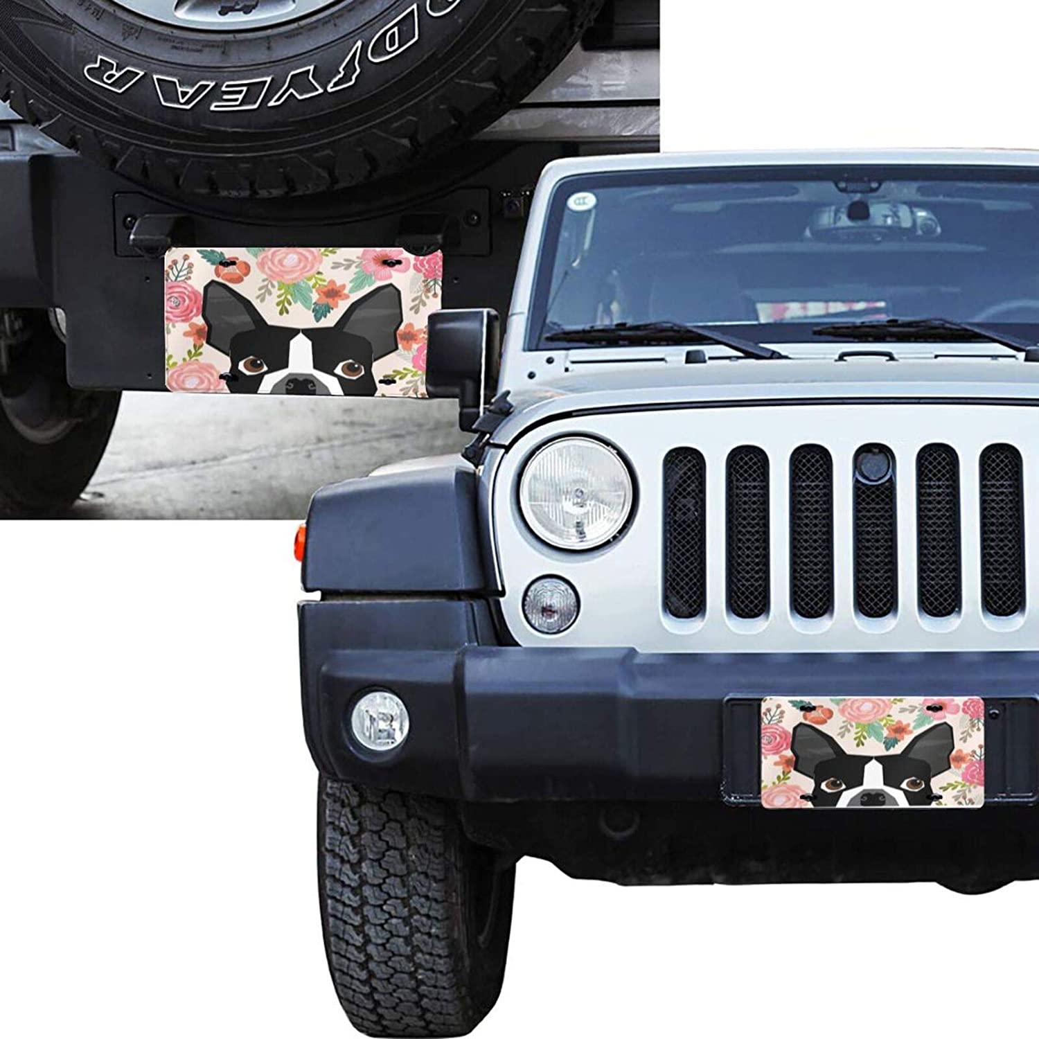 Boston Terrier Cute Flower License Plate Frame Aluminum Metal Covers,Metal Novelty Car Plate for Wom