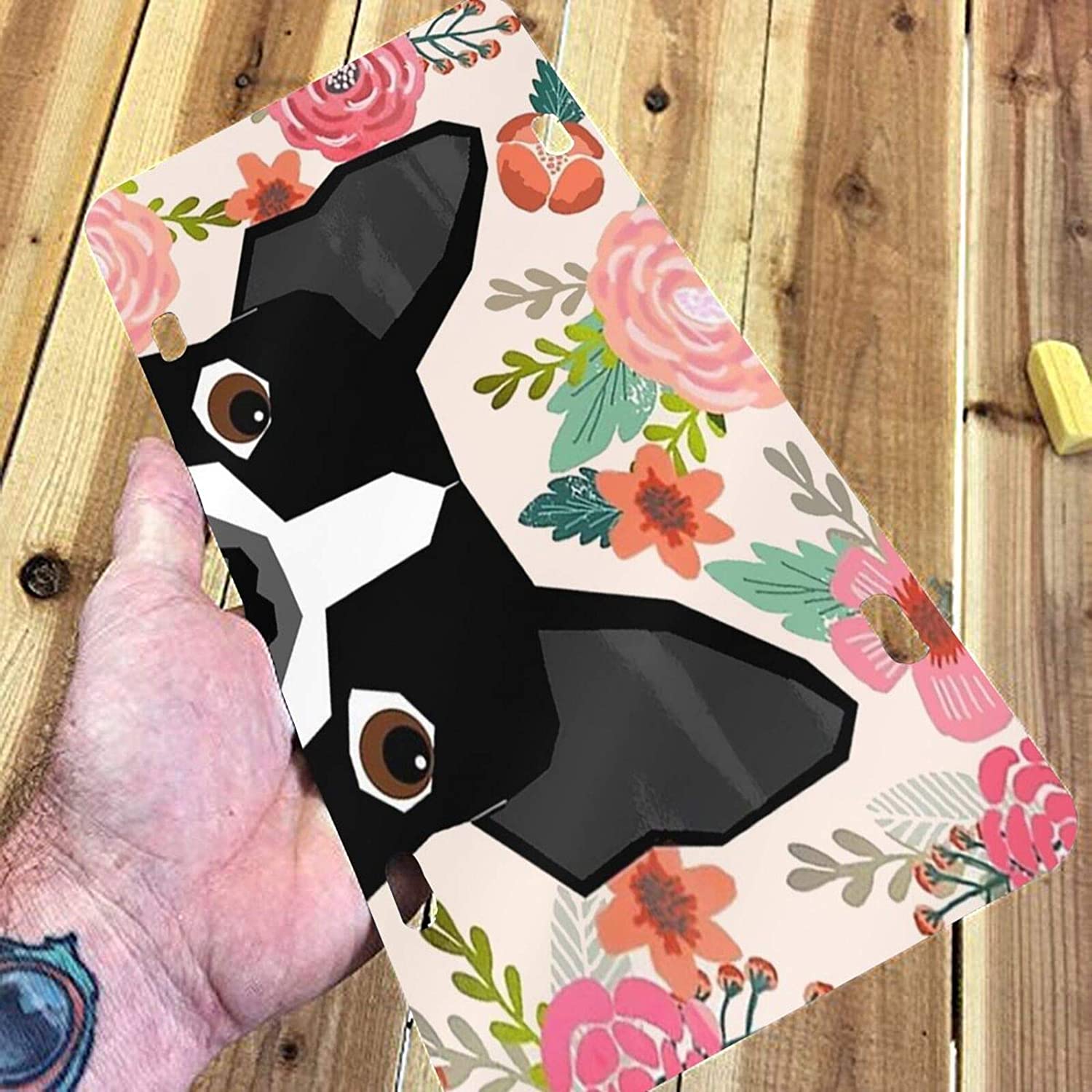 Boston Terrier Cute Flower License Plate Frame Aluminum Metal Covers,Metal Novelty Car Plate for Wom