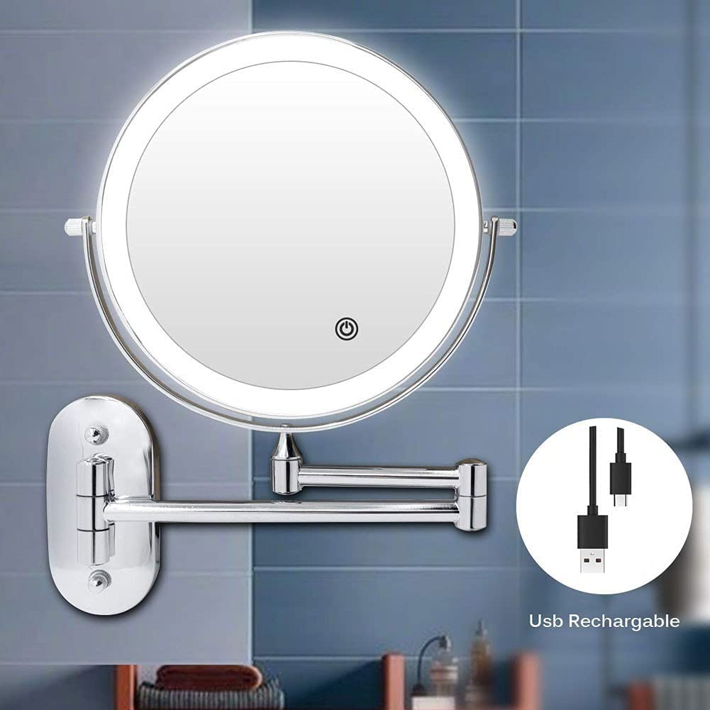 Mirror-MRJ 8 Inch Wall Mounted Bathroom Shaving Mirrors USB Rechargeable LED 3 Color Lights Two Side