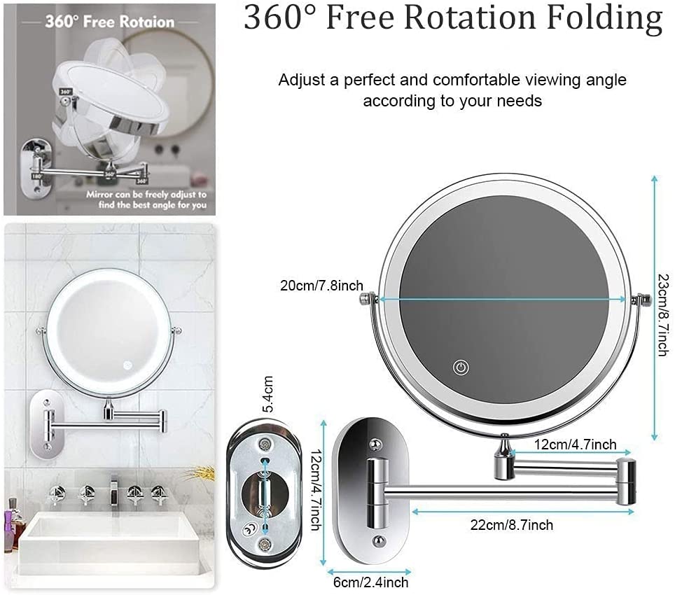 Mirror-MRJ 8 Inch Wall Mounted Bathroom Shaving Mirrors USB Rechargeable LED 3 Color Lights Two Side