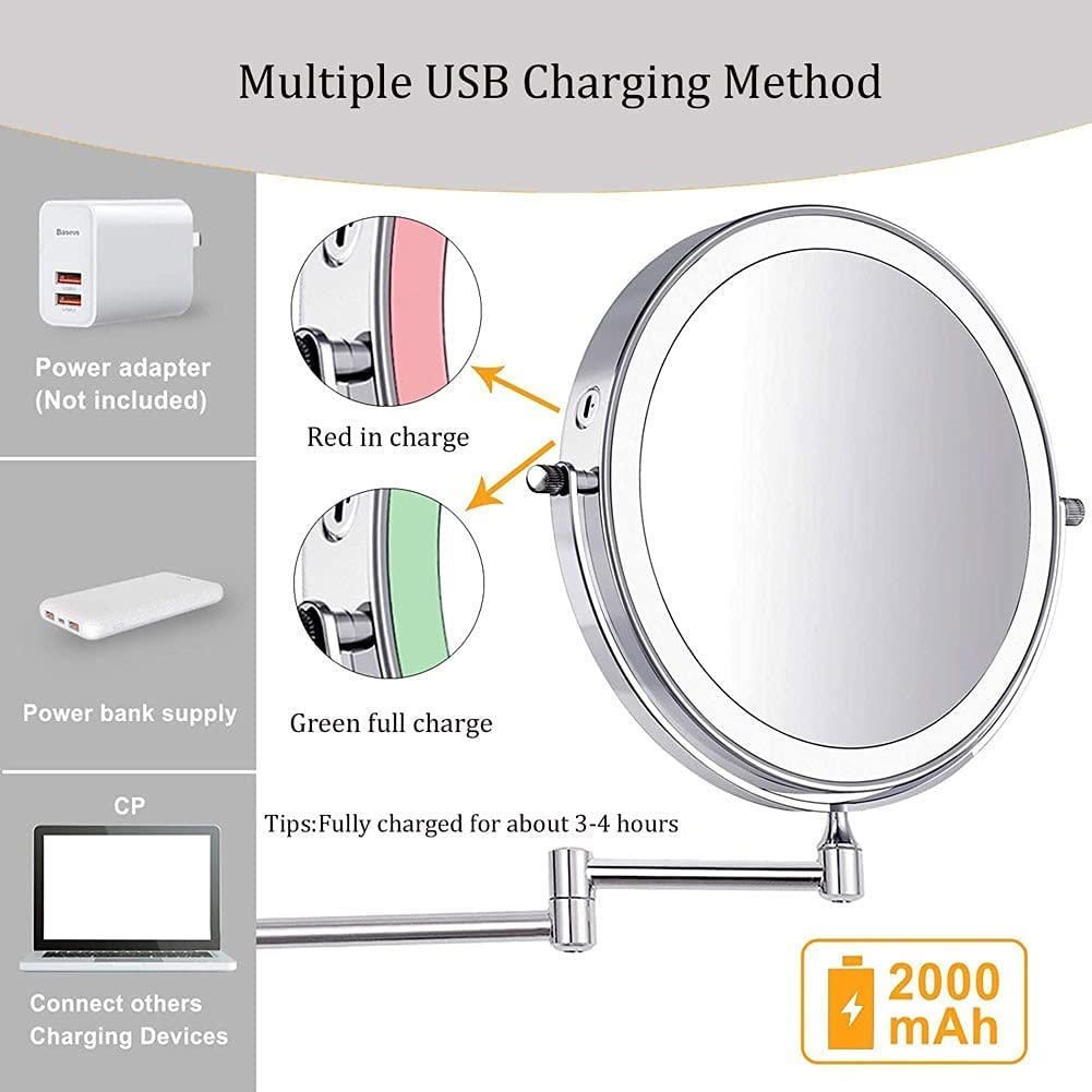 Mirror-MRJ 8 Inch Wall Mounted Bathroom Shaving Mirrors USB Rechargeable LED 3 Color Lights Two Side