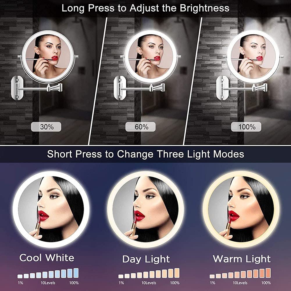 Mirror-MRJ 8 Inch Wall Mounted Bathroom Shaving Mirrors USB Rechargeable LED 3 Color Lights Two Side