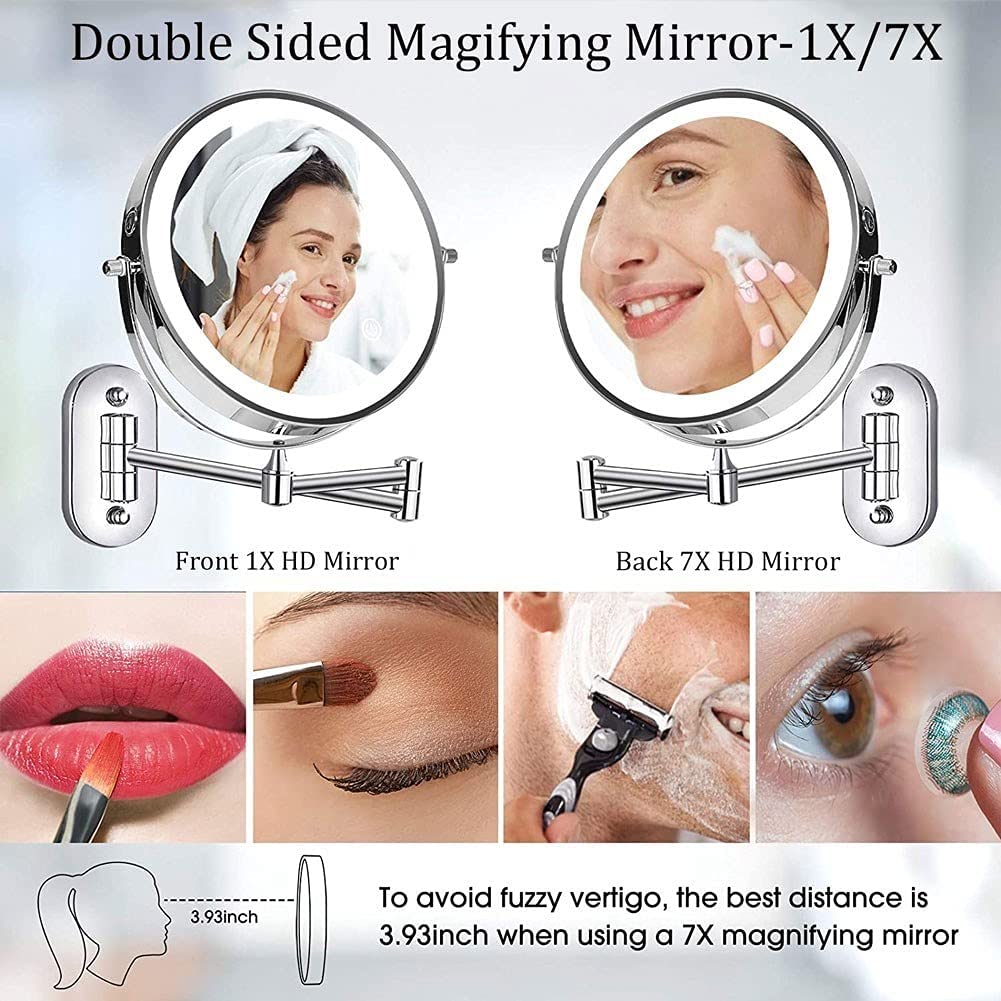 Mirror-MRJ 8 Inch Wall Mounted Bathroom Shaving Mirrors USB Rechargeable LED 3 Color Lights Two Side