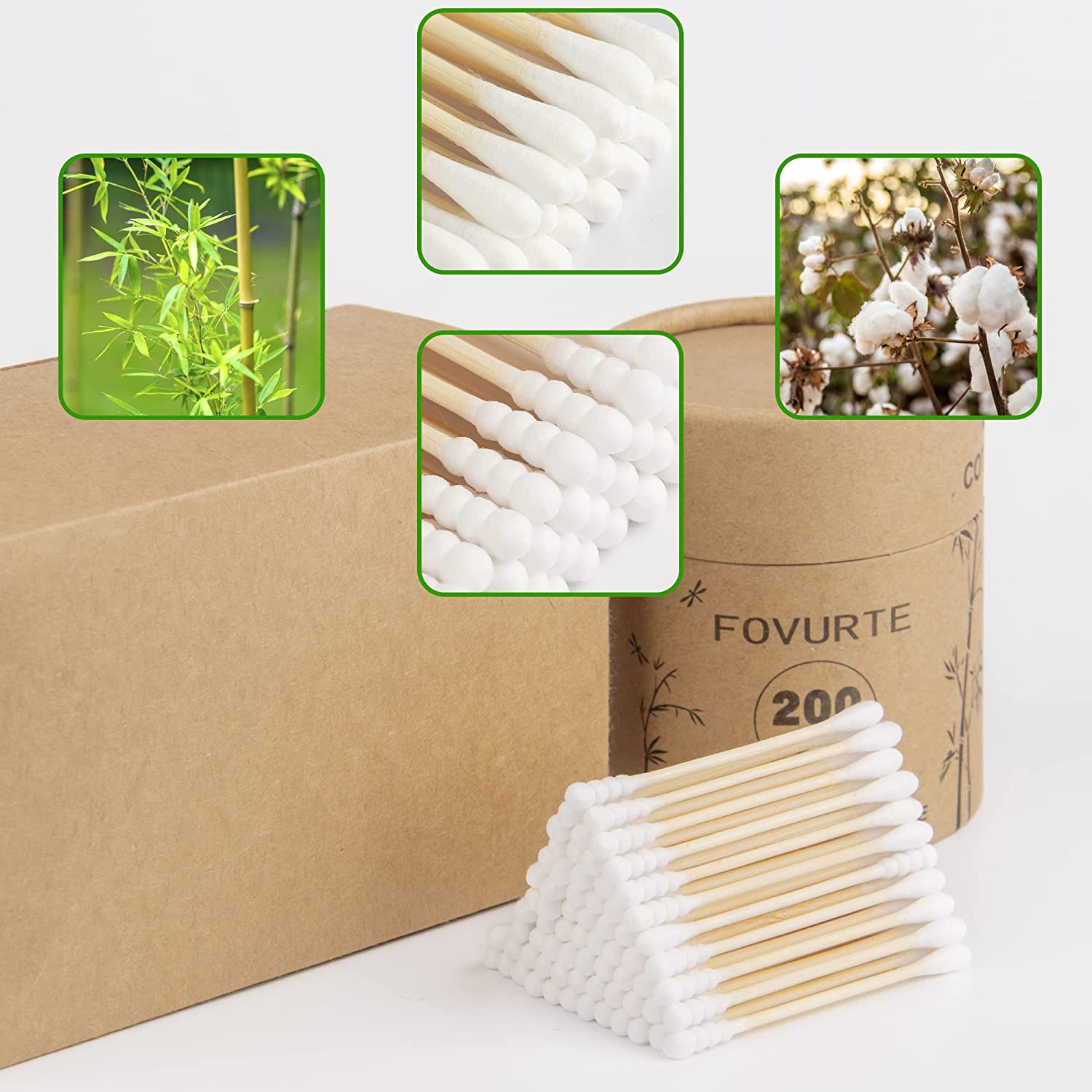 Organic Bamboo Cotton Swabs 400 Count - Spiral/Round Head No Plastic Packaging, 100% Biodegradable,
