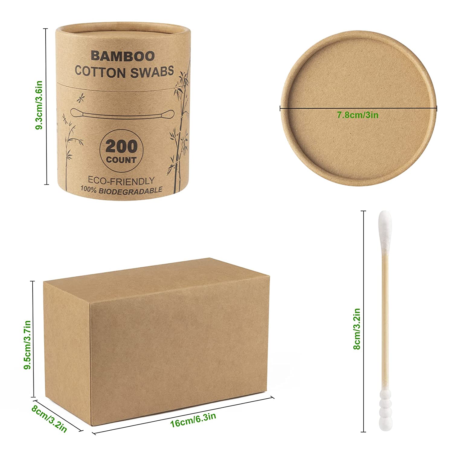 Organic Bamboo Cotton Swabs 400 Count - Spiral/Round Head No Plastic Packaging, 100% Biodegradable,