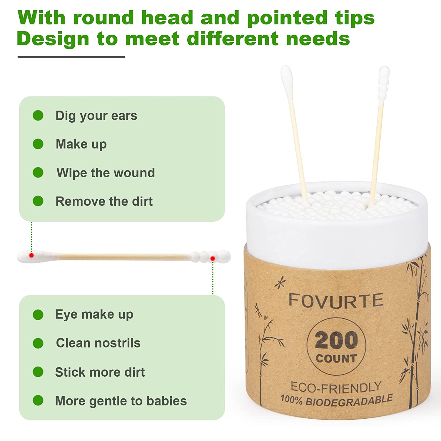 Organic Bamboo Cotton Swabs 400 Count - Spiral/Round Head No Plastic Packaging, 100% Biodegradable,