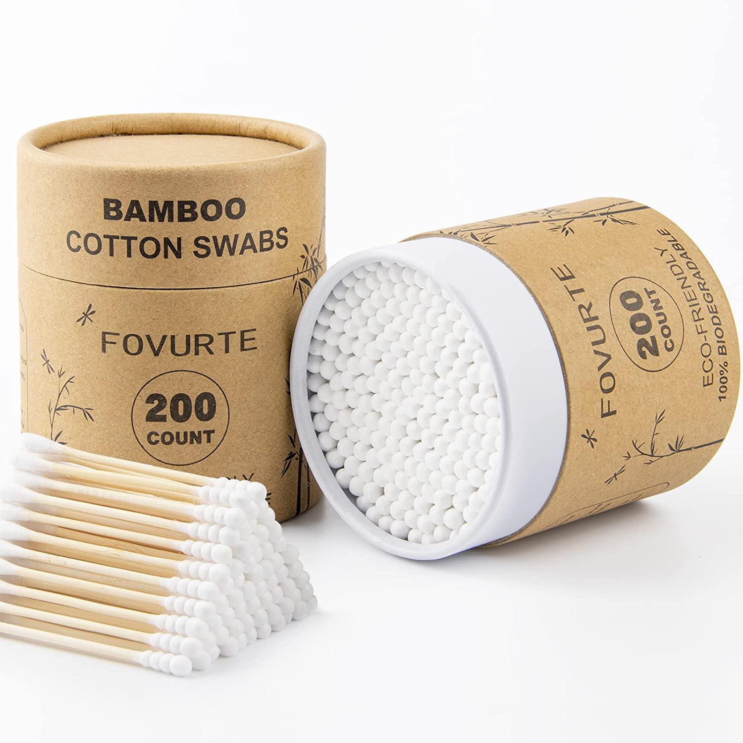 Organic Bamboo Cotton Swabs 400 Count - Spiral/Round Head No Plastic Packaging, 100% Biodegradable,