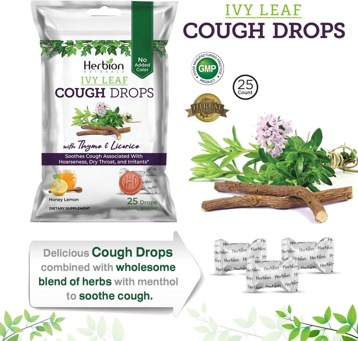 Herbion Naturals Cough Drops with Ivy Leaf, Thyme & Licorice Extracts – 25 Ct – Oral Anestheti