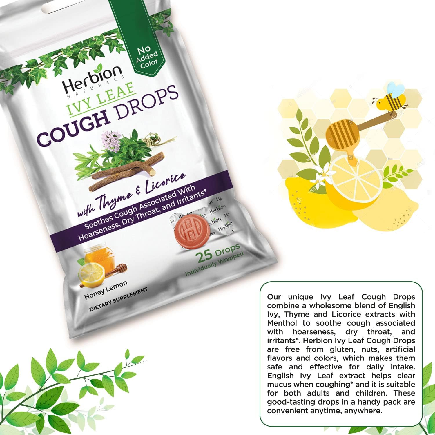 Herbion Naturals Cough Drops with Ivy Leaf, Thyme & Licorice Extracts – 25 Ct – Oral Anestheti