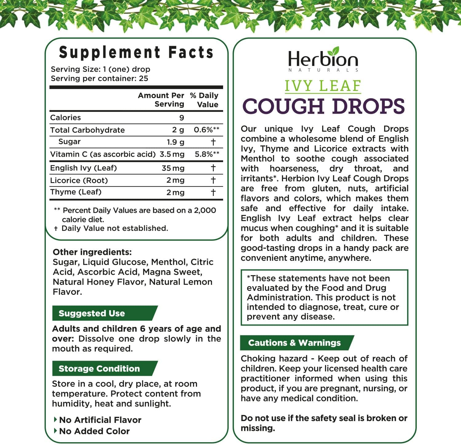 Herbion Naturals Cough Drops with Ivy Leaf, Thyme & Licorice Extracts – 25 Ct – Oral Anestheti