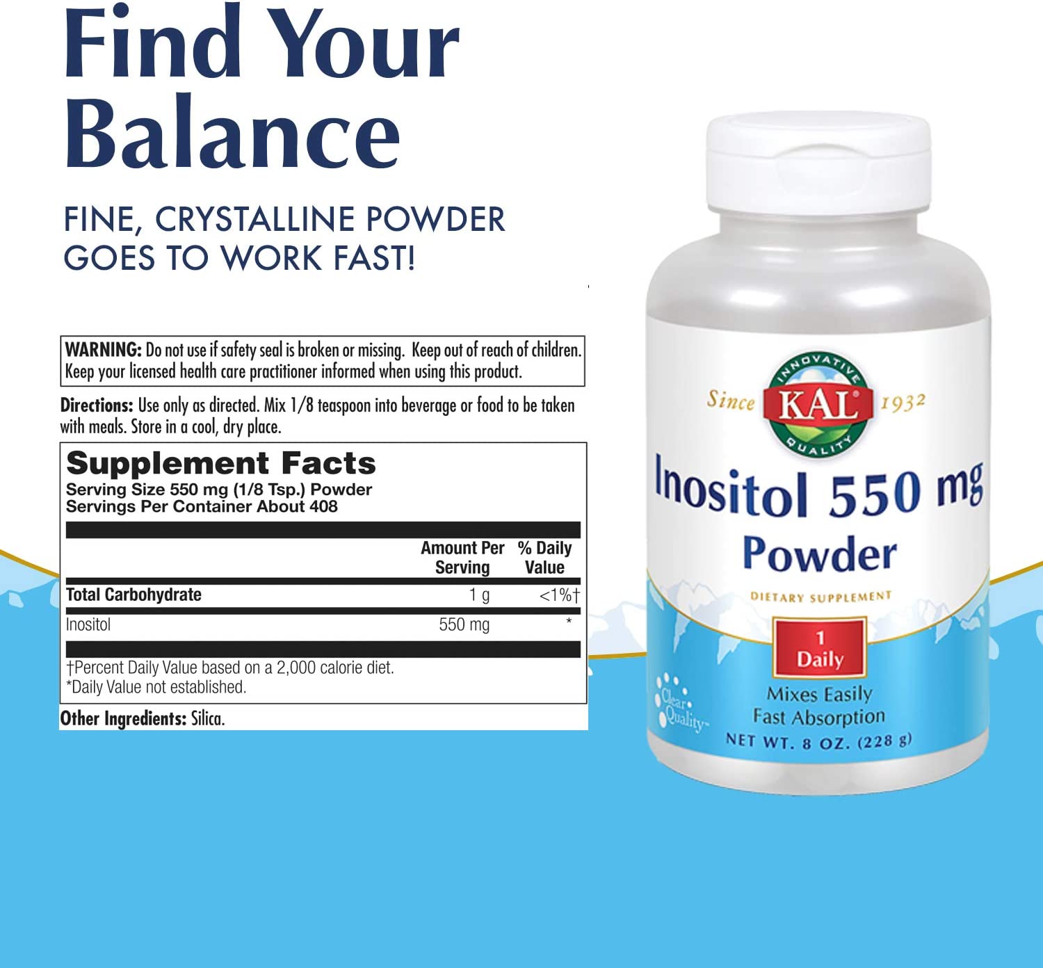 KAL Inositol Powder 550mg | Brain, Nervous System & Mood Support, Healthy Glucose Metabolism | 8oz, 