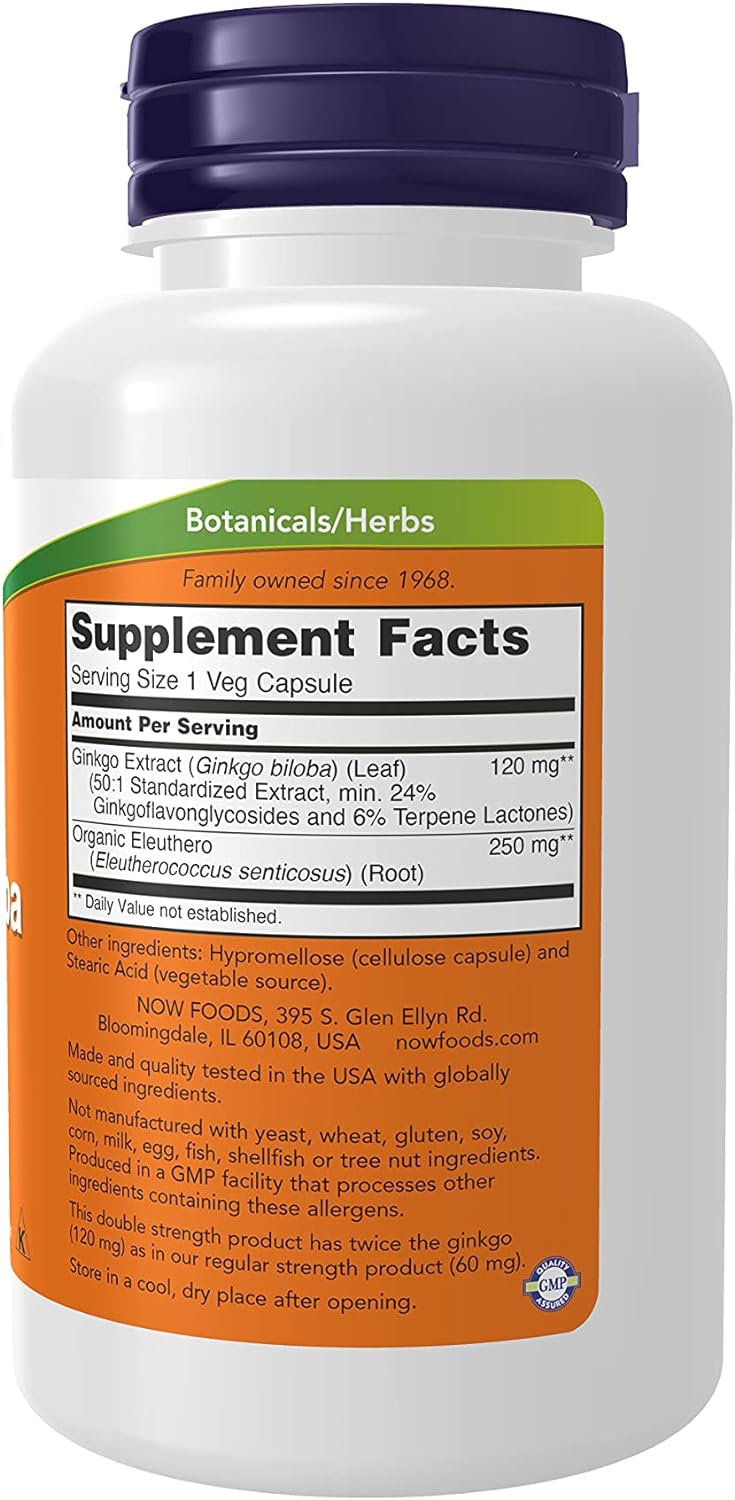 NOW Supplements, Ginkgo Biloba 120 mg, Double Strength, Non-GMO Project Verified, 100 Veg Capsules