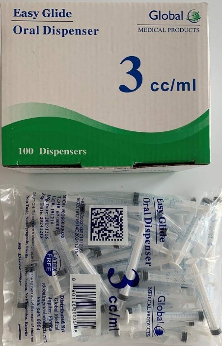 Easy Glide 3ml 3cc Oral Syringe, Luer Slip, Caps Included, Great for