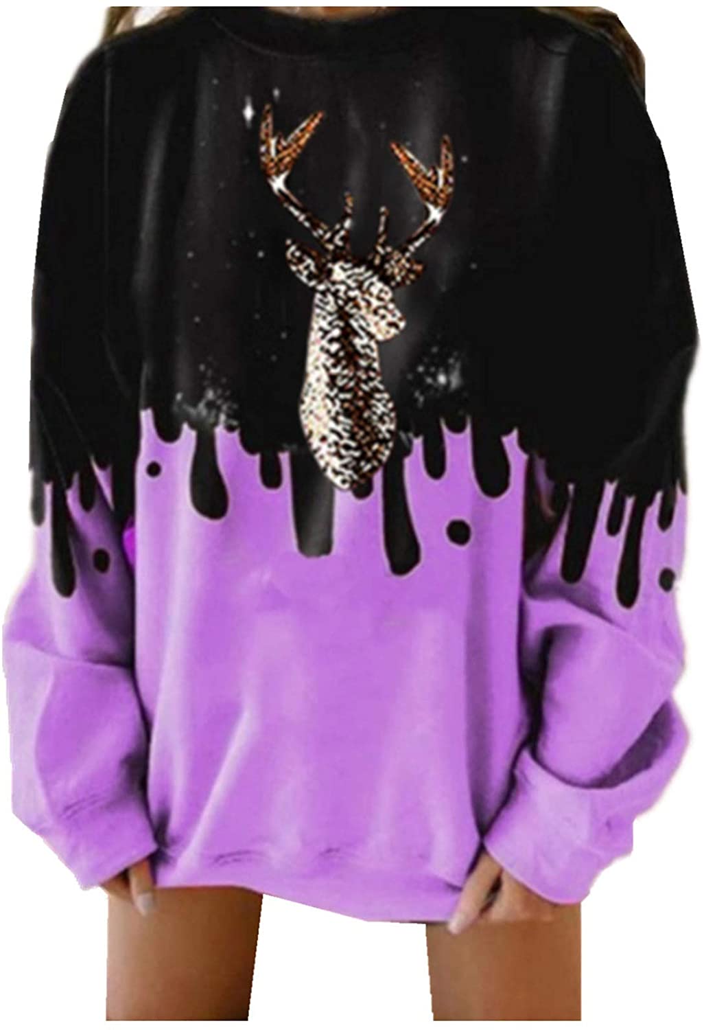 Dosoop Womens Christmas Casual Loose Crewneck Long Sleeve Sweatshirts Tie Dye Soft Reindeer Pullover