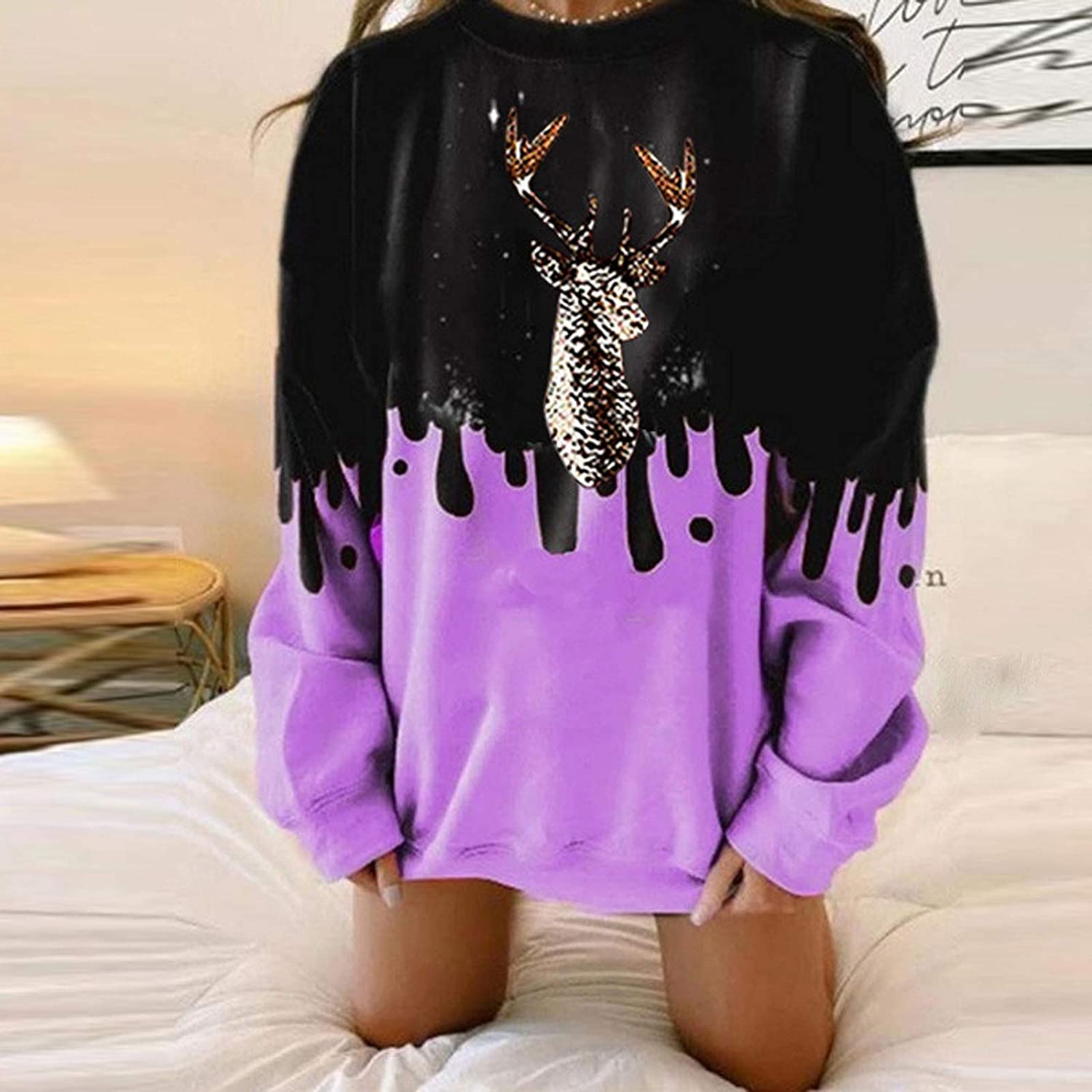 Dosoop Womens Christmas Casual Loose Crewneck Long Sleeve Sweatshirts Tie Dye Soft Reindeer Pullover