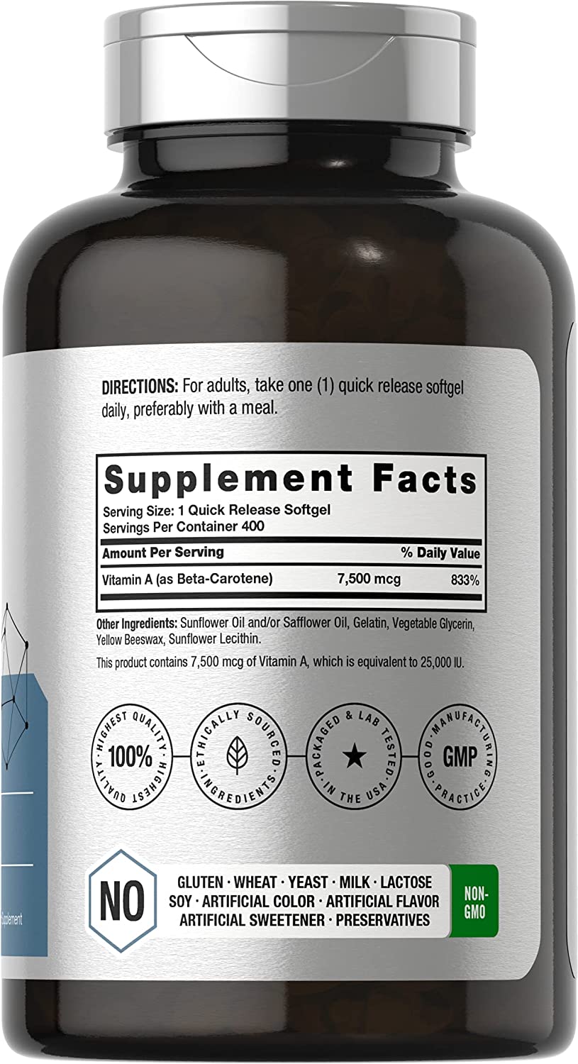 Beta Carotene 25000 iu Softgels | 7,500 mcg | 400 Count | Non-GMO and Gluten Free Formula | Vitamin
