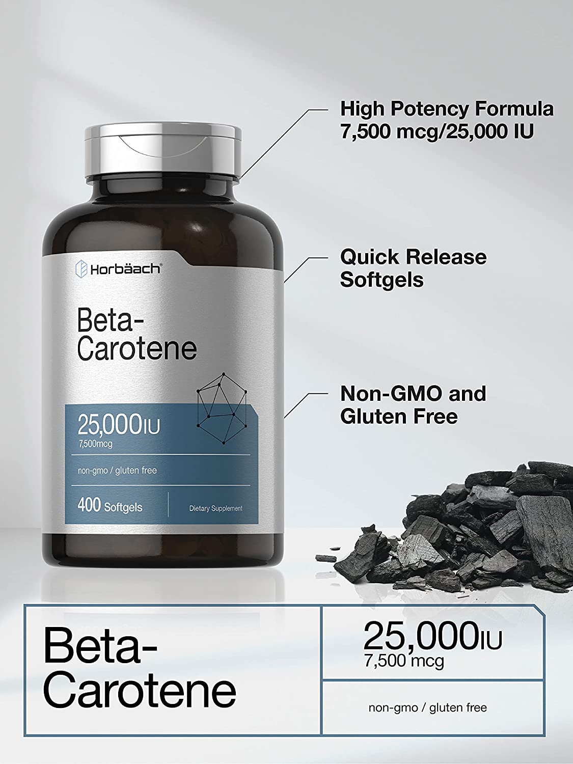 Beta Carotene 25000 iu Softgels | 7,500 mcg | 400 Count | Non-GMO and Gluten Free Formula | Vitamin