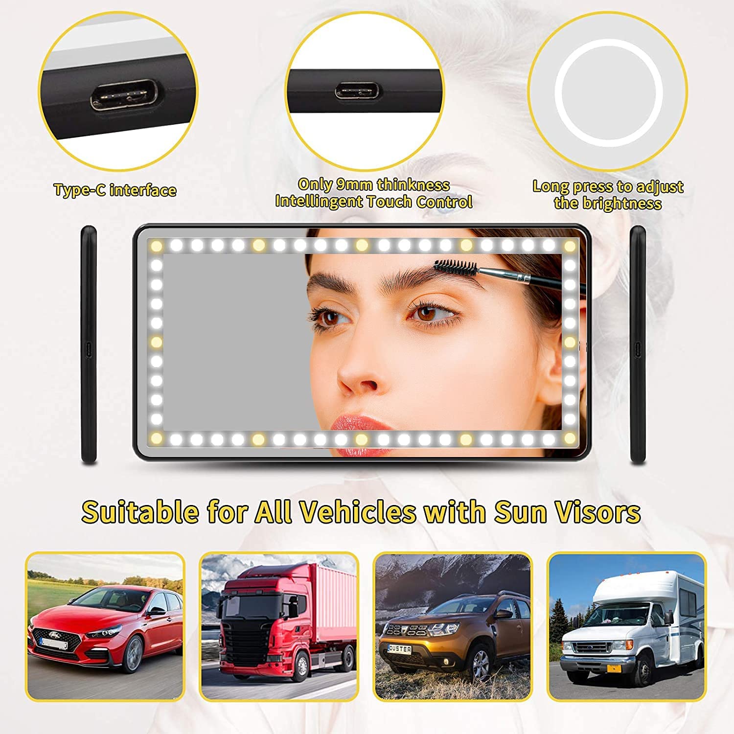 Car Vanity Mirror with LED Lights Mirror for Car Truck Visor Makeup