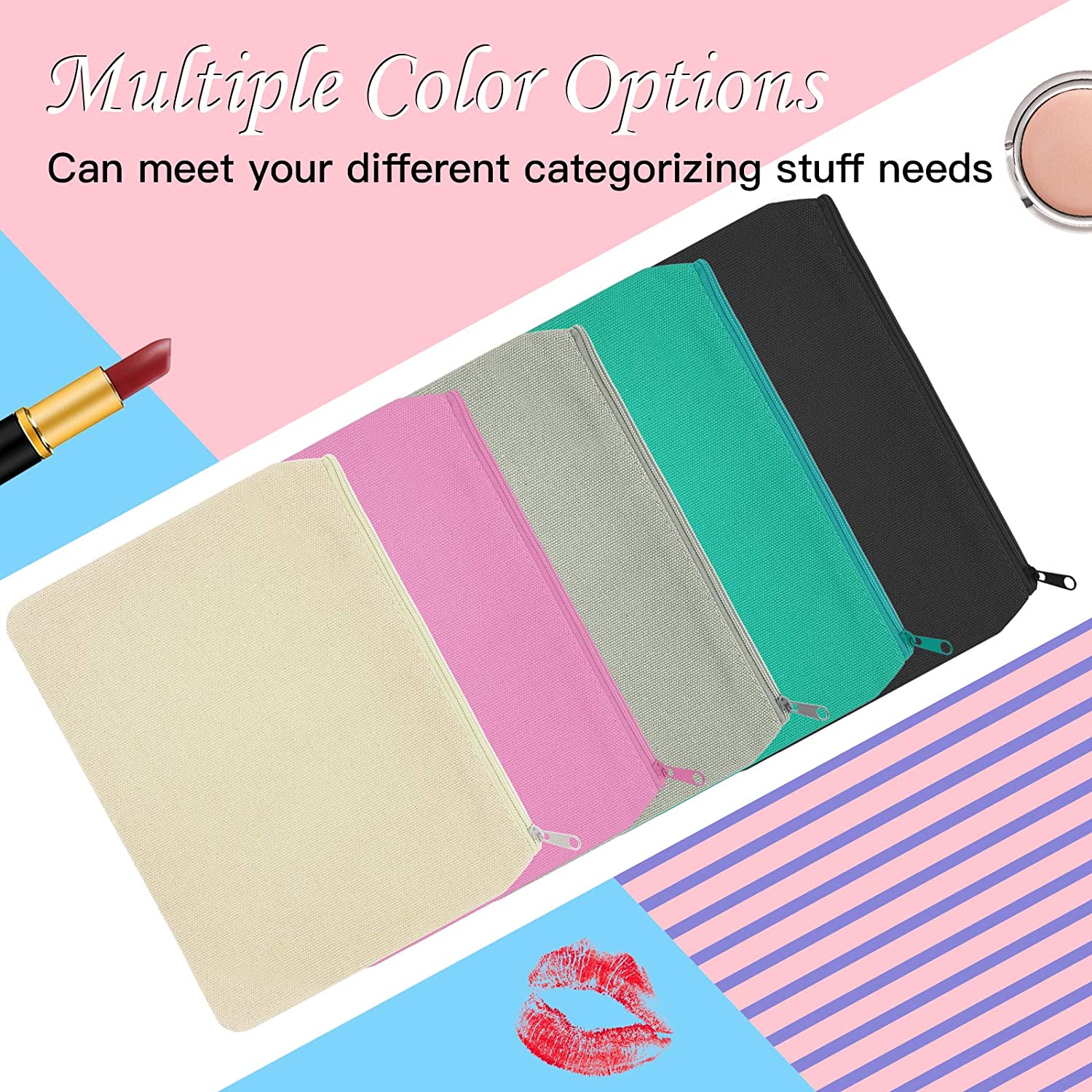 BOENFU 10 Pieces Blank DIY Craft Canvas Bag Multicolored Cosmetic Bag Makeup Bag Pencil Case Zipper