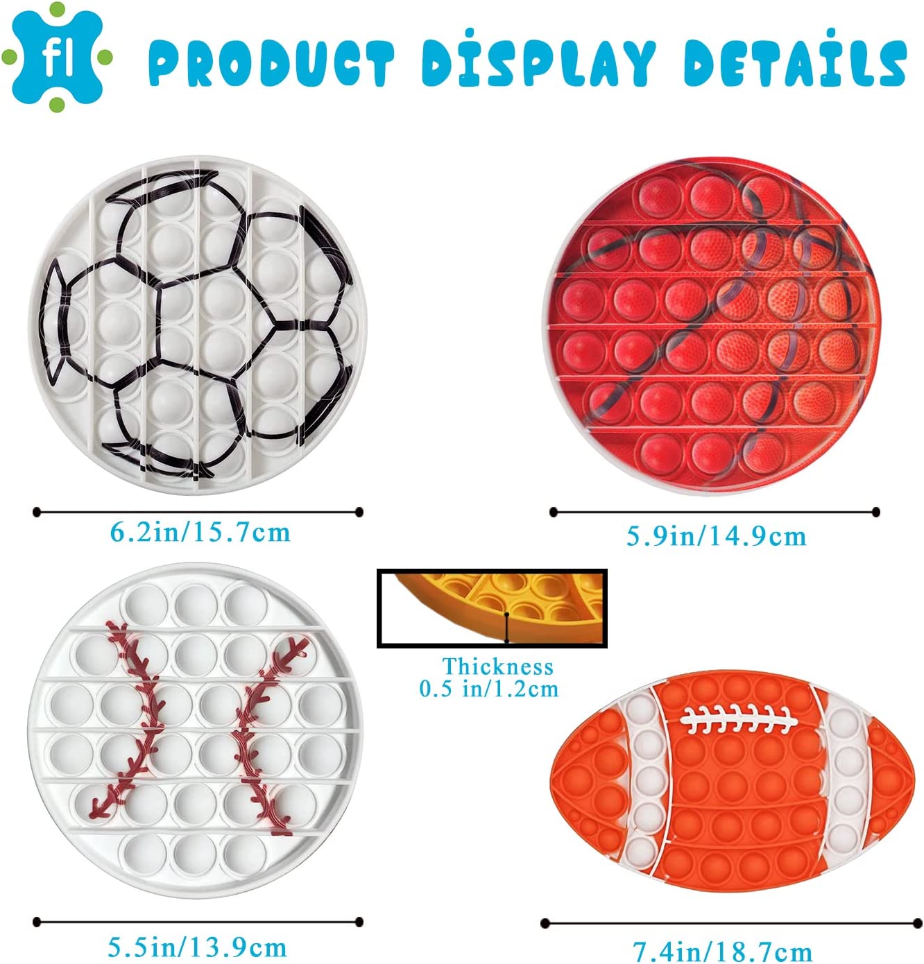 Fidget LAB 4 pcs Sports Pop Fidget Pack Push It Toy | Sensory Football Pop and Sports Pop Toys for A