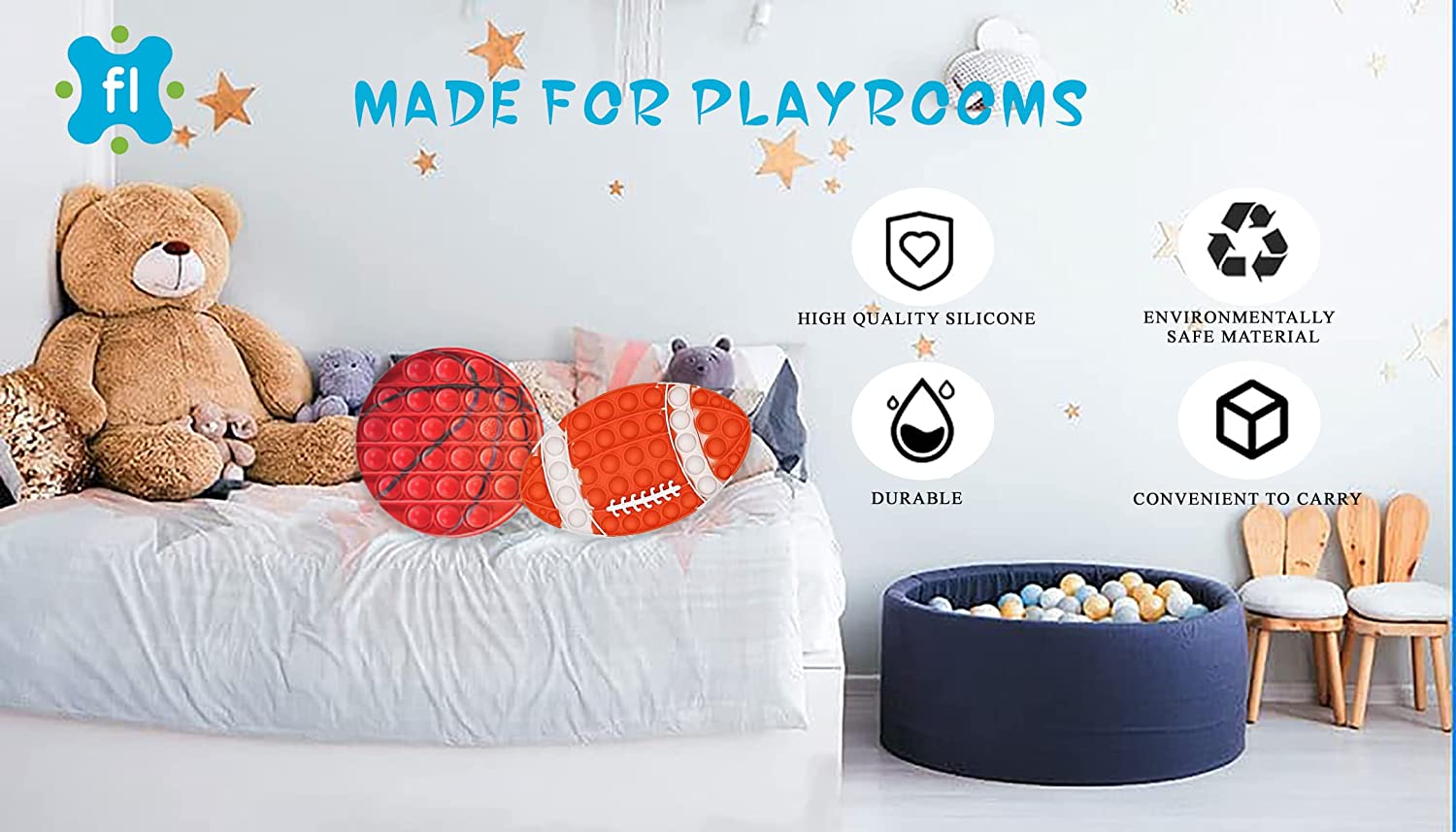 Fidget LAB 4 pcs Sports Pop Fidget Pack Push It Toy | Sensory Football Pop and Sports Pop Toys for A