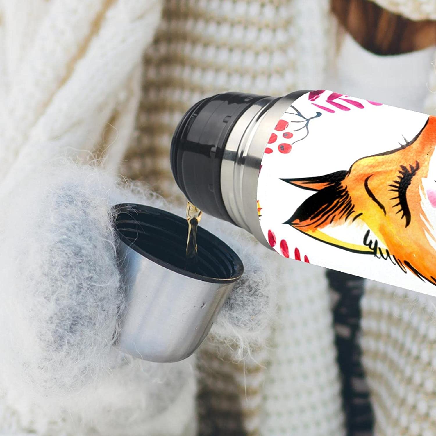 Floral Fox Double-Wall Insulation Flask Water Bottle Winter Beverage Bottle
