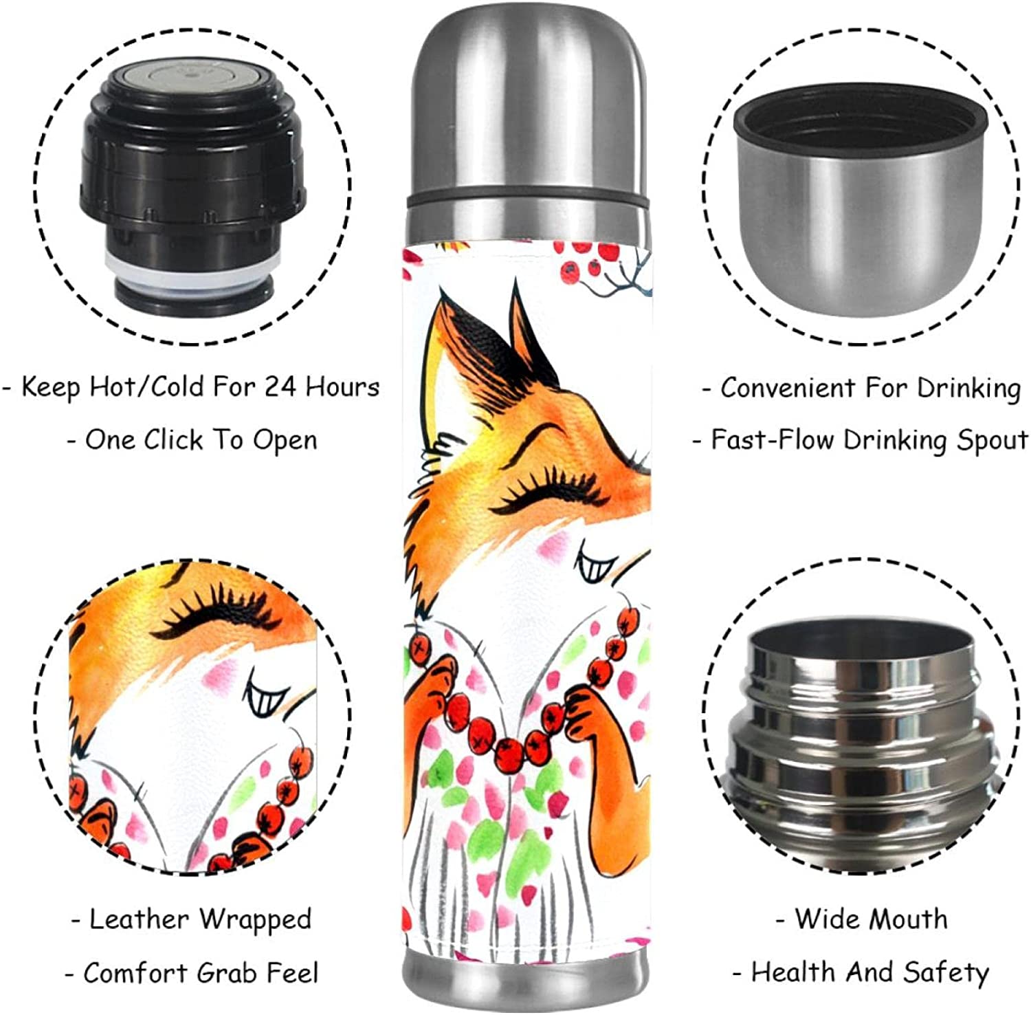 Floral Fox Double-Wall Insulation Flask Water Bottle Winter Beverage Bottle