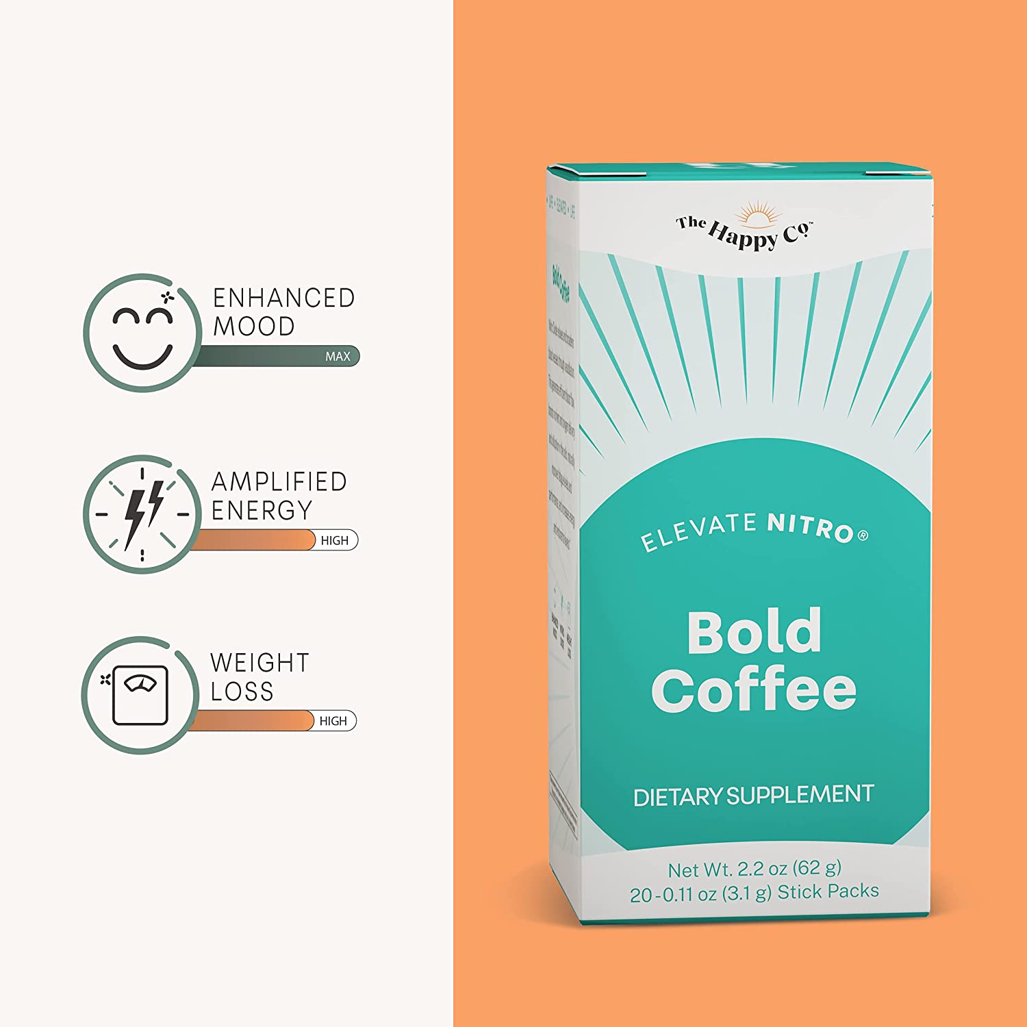 The Happy Co. Elevate NITRO Bold Coffee - Nootropic Smart Coffee - Colombian Arabica Coffee with Ant