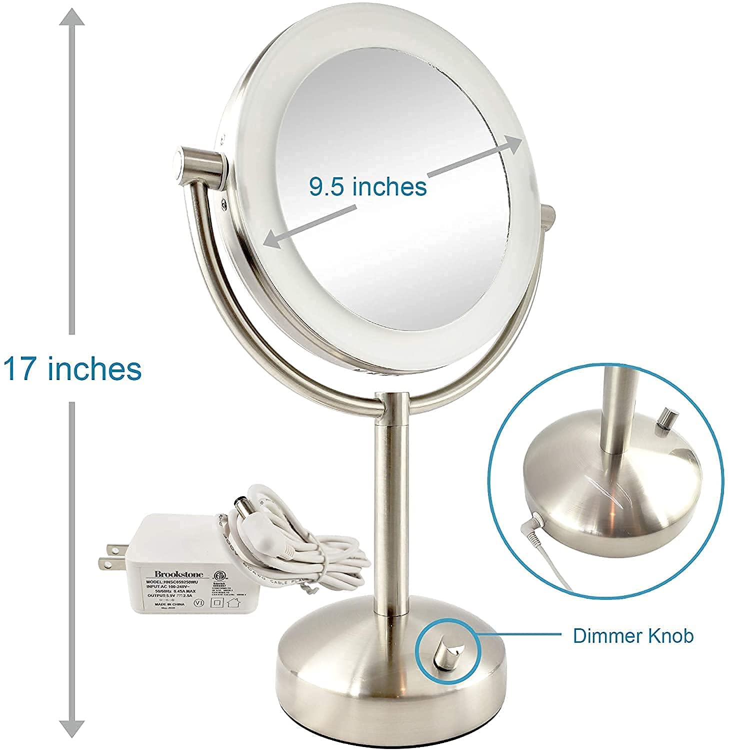Tabletop LED Light Makeup Mirror, AC Adaptor, 10x/1x Magnification, Chrome Finish by Brookstone