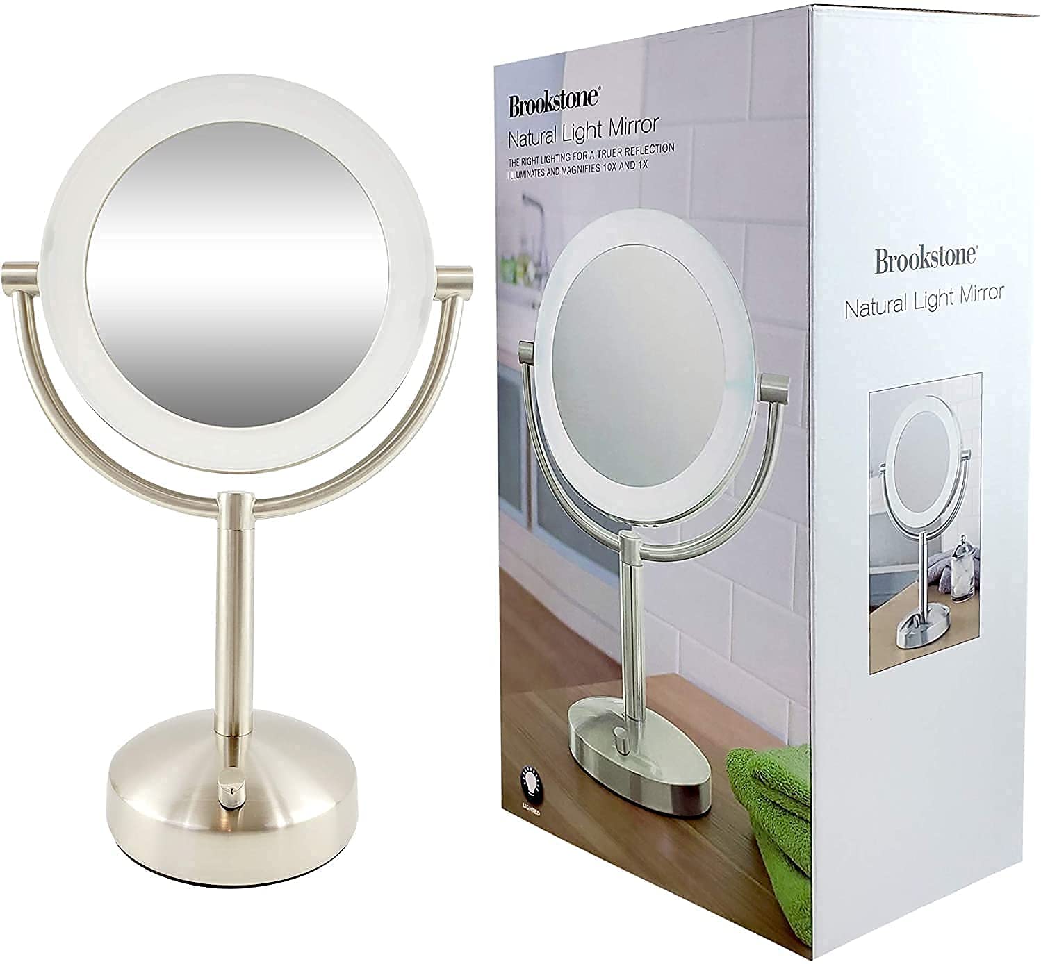 Tabletop LED Light Makeup Mirror, AC Adaptor, 10x/1x Magnification, Chrome Finish by Brookstone