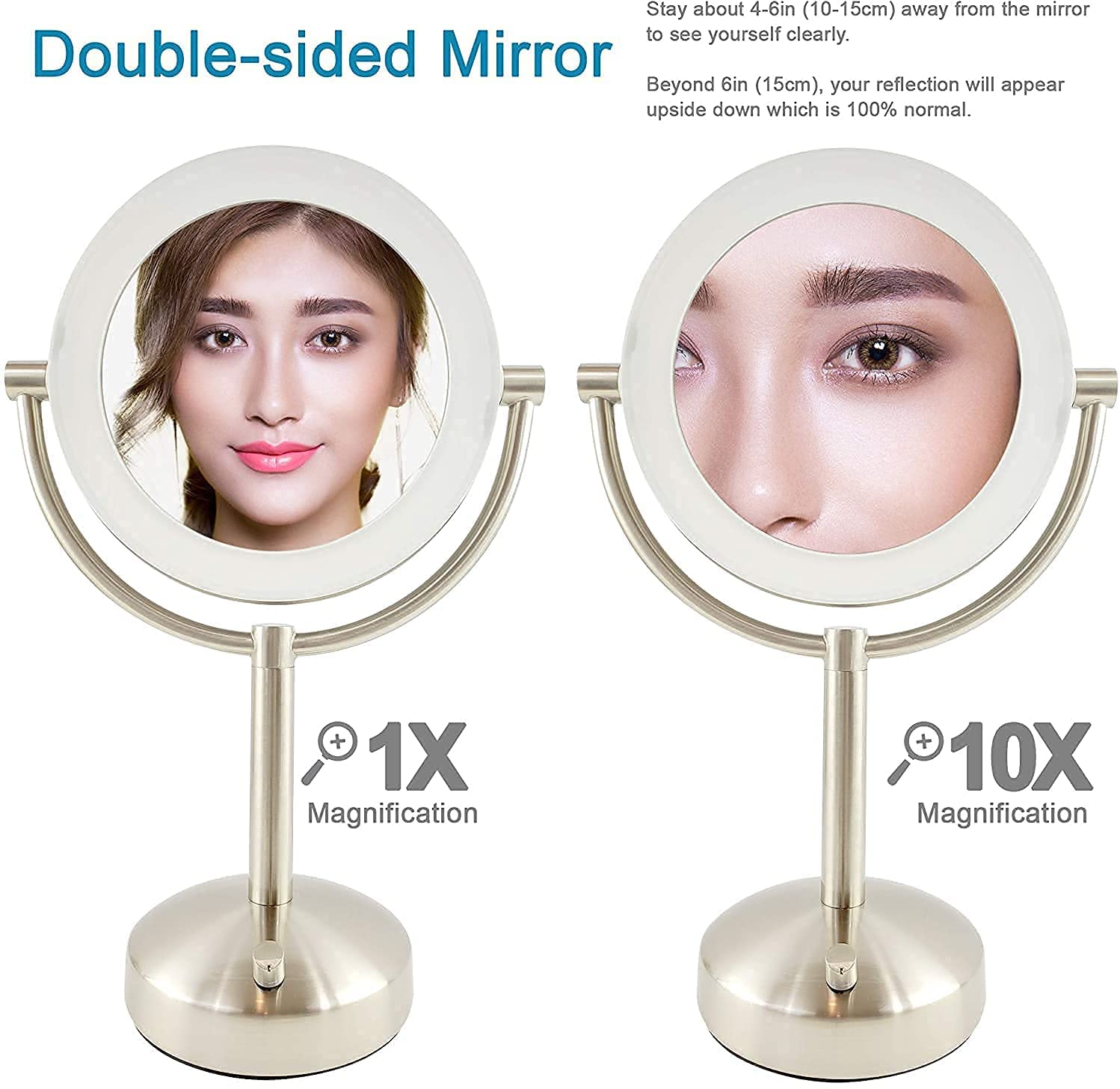 Tabletop LED Light Makeup Mirror, AC Adaptor, 10x/1x Magnification, Chrome Finish by Brookstone