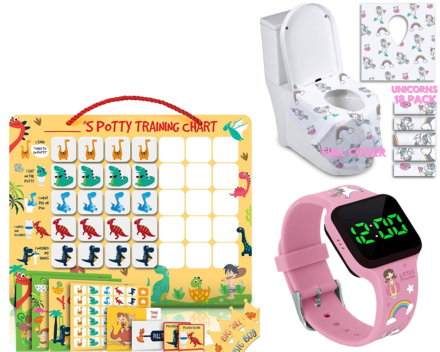 Potty Training Count Down Timer Watch - Princess Pink and Potty Training Chart for Toddlers - Dinosa