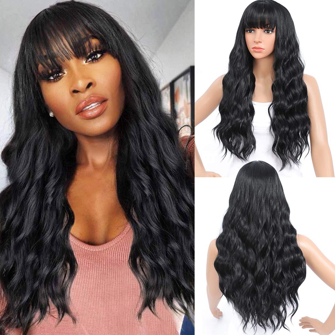 GetGal Black Loose Curly Synthetic Wigs for Fashion Women 24 inch Natural Looking Hair Colorful Wigs