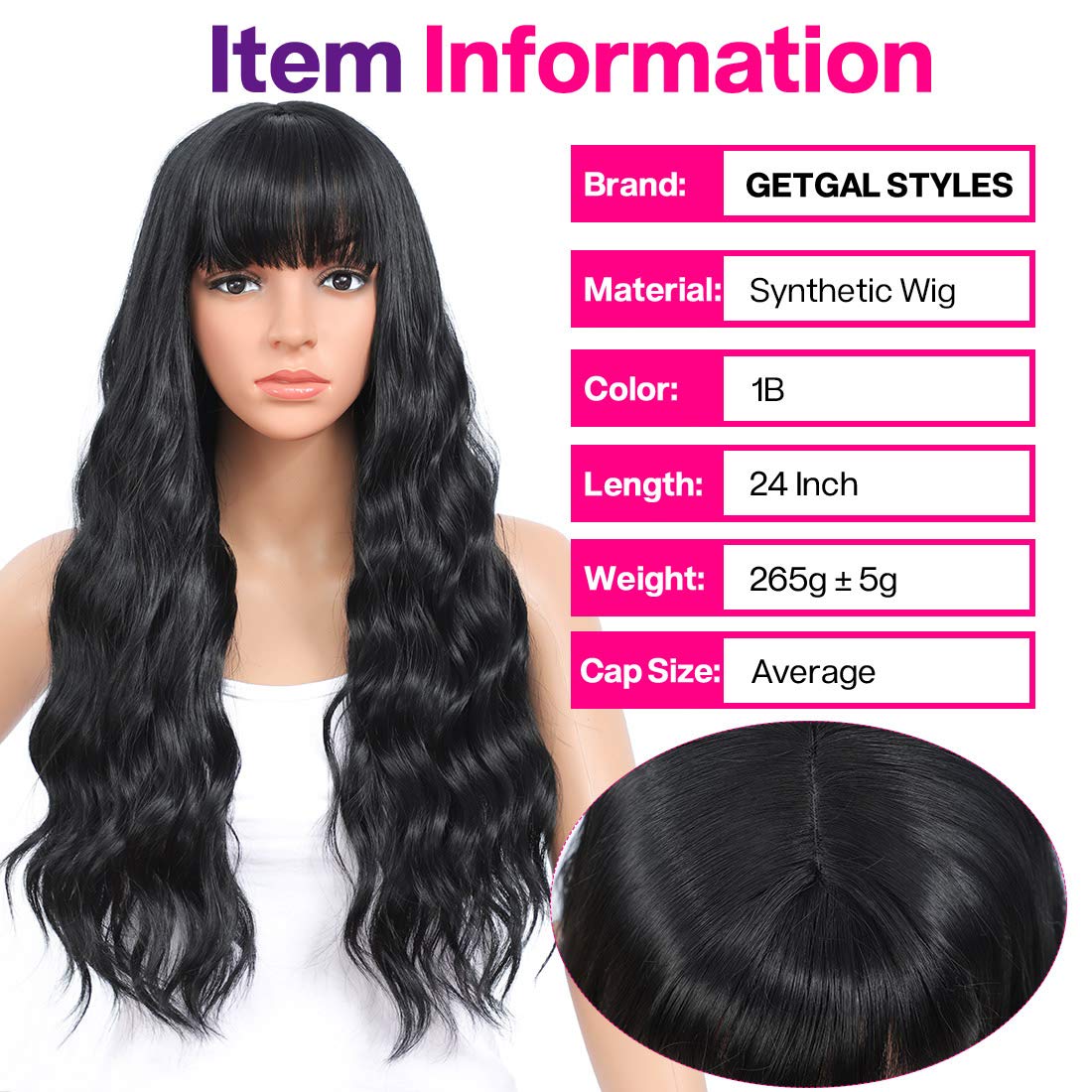 GetGal Black Loose Curly Synthetic Wigs for Fashion Women 24 inch Natural Looking Hair Colorful Wigs