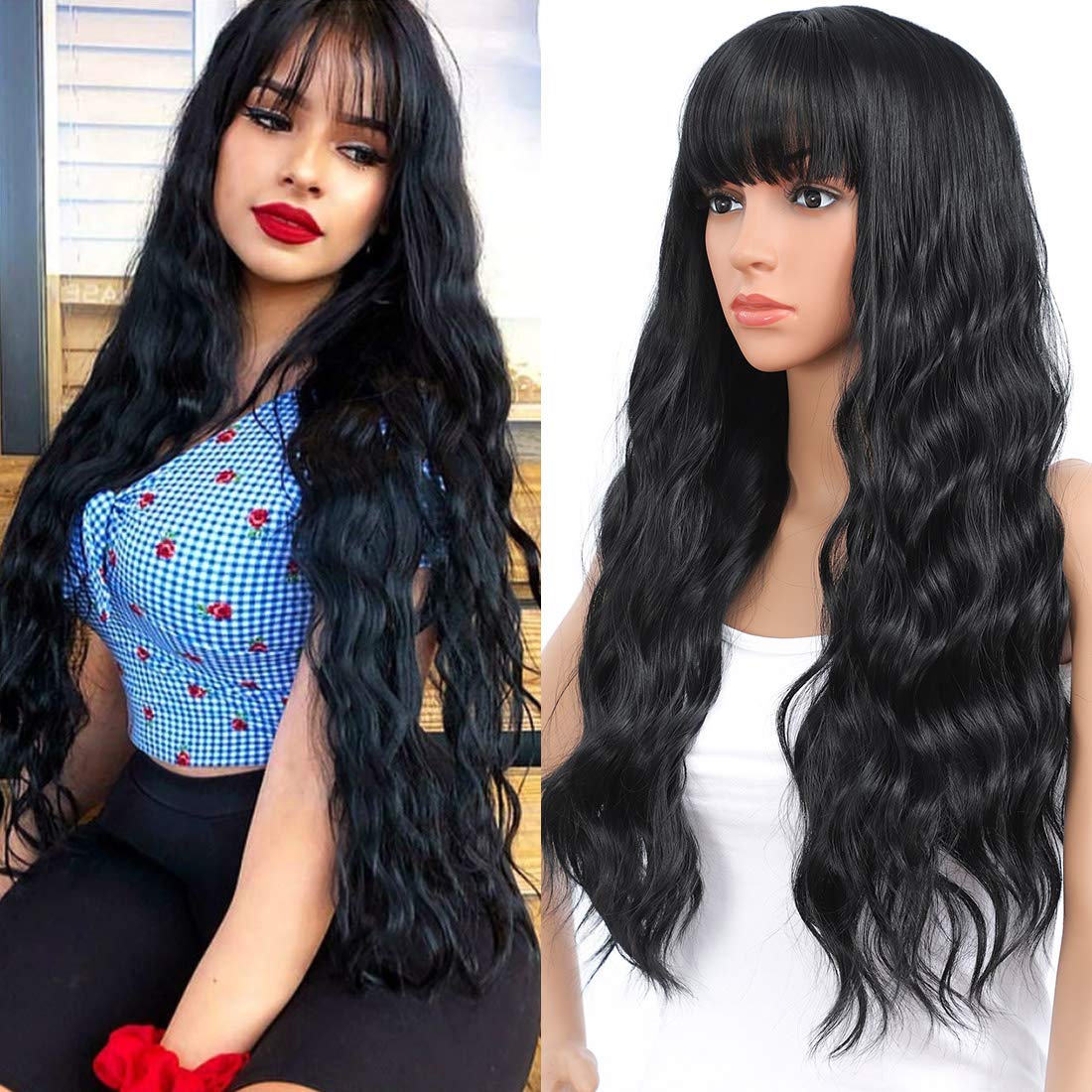 GetGal Black Loose Curly Synthetic Wigs for Fashion Women 24 inch Natural Looking Hair Colorful Wigs
