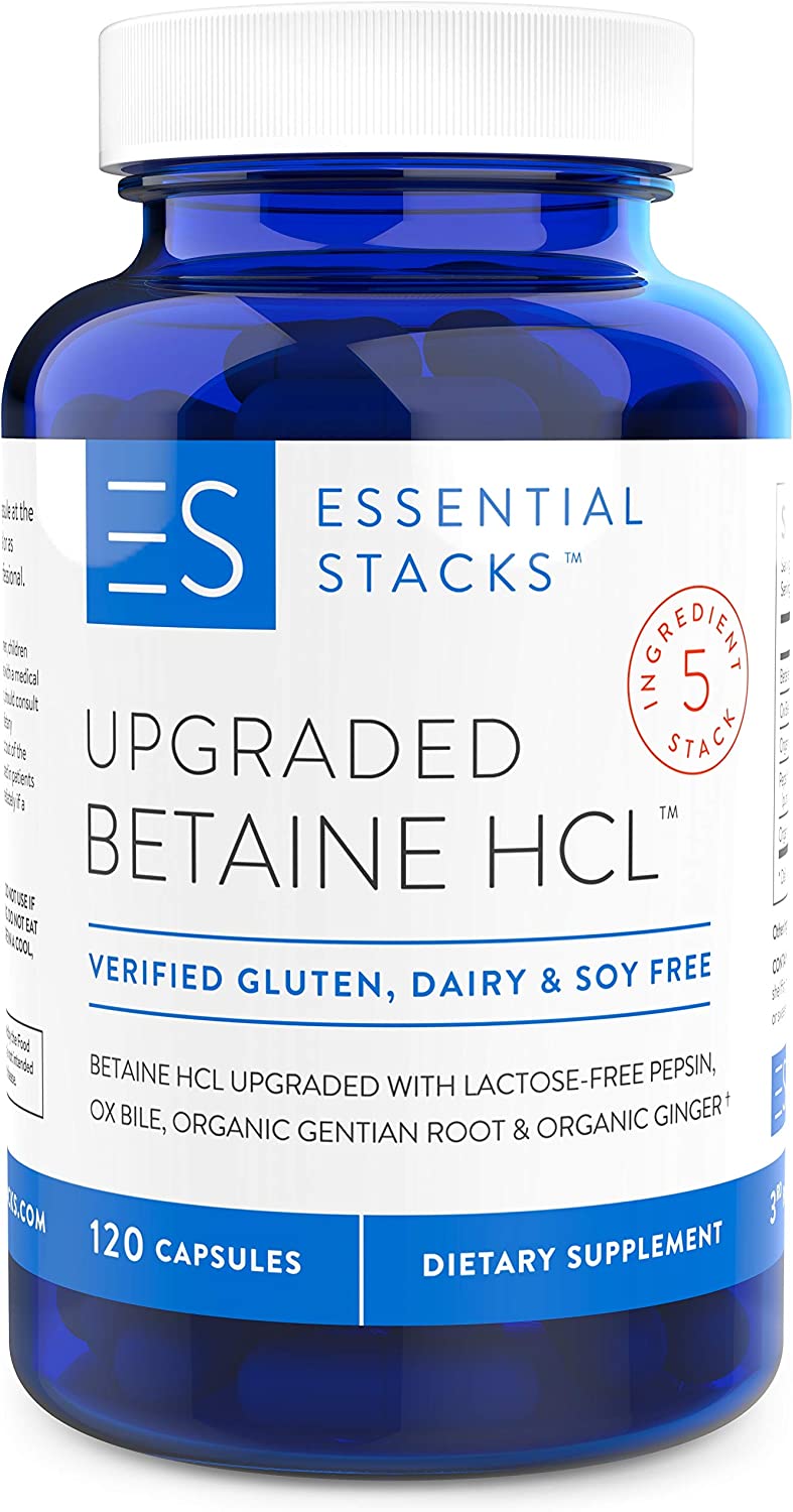 Essential Stacks Upgraded Betaine HCL with Pepsin, Ox Bile Extract, Organic Gentian Bitters & Organi
