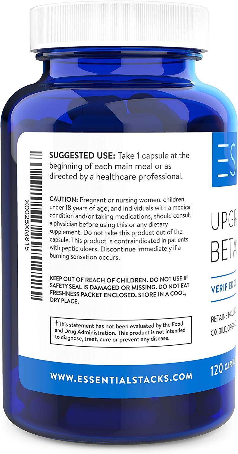 Essential Stacks Upgraded Betaine HCL with Pepsin, Ox Bile Extract, Organic Gentian Bitters & Organi