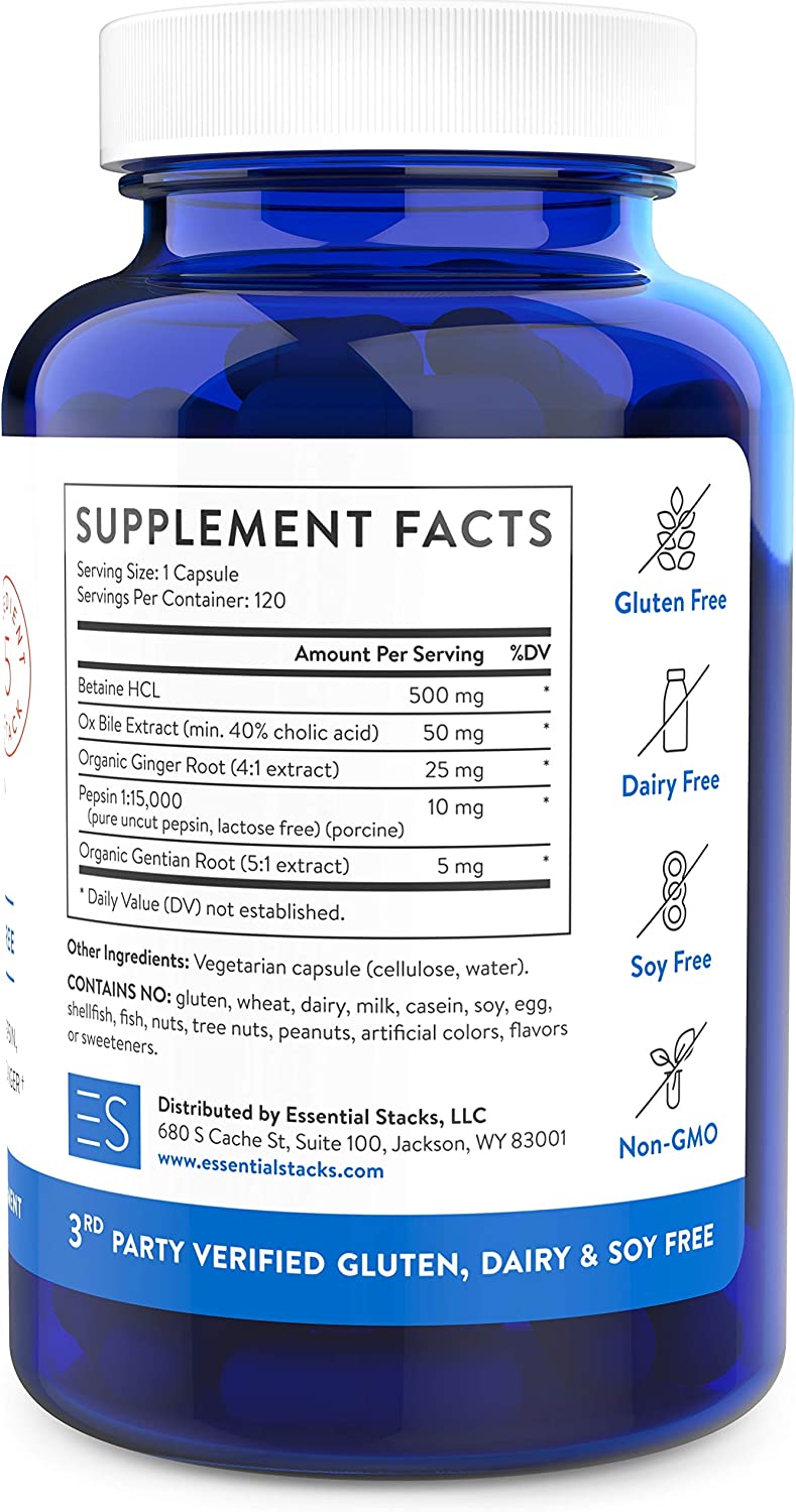 Essential Stacks Upgraded Betaine HCL with Pepsin, Ox Bile Extract, Organic Gentian Bitters & Organi