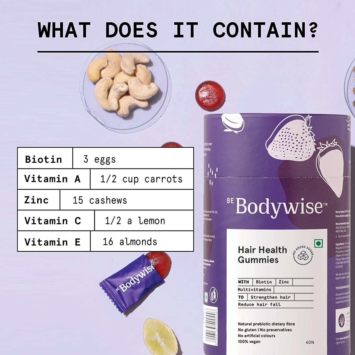 Veena Bodywise Biotin Hair Gummies | No Added Sugar | High Potency Biotin Supplements for Stronger H