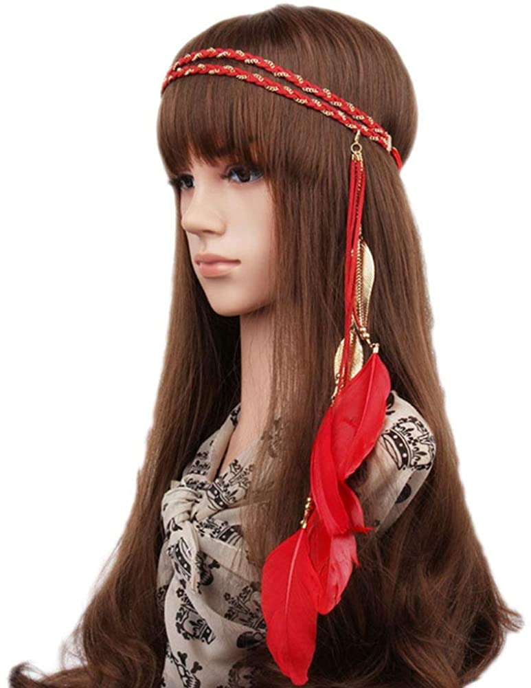 Song Qing Women Feather Leaf Tassels Braided Hippie Headband Hair Accessories