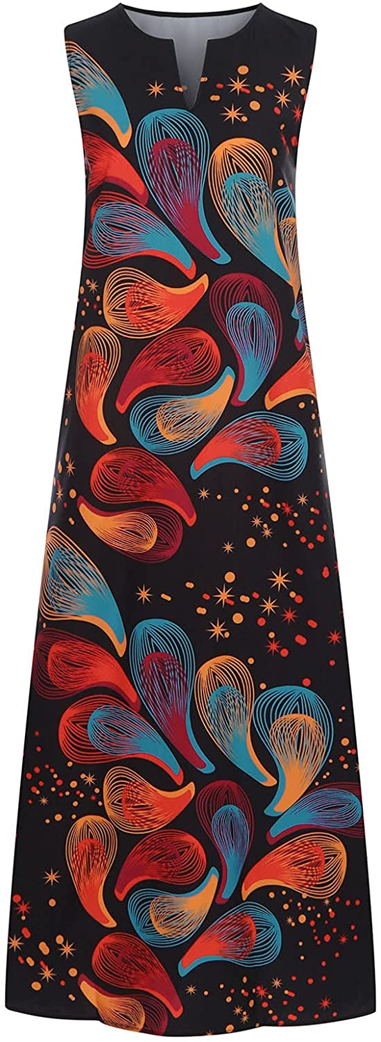 Women’s Casual Maxi Dress Long V-neck, vintage print Backless Loose Sundress