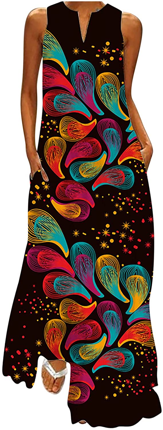 Women’s Casual Maxi Dress Long V-neck, vintage print Backless Loose Sundress