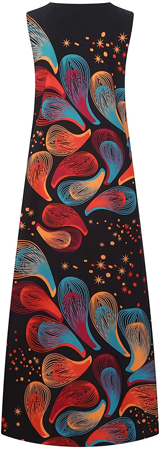Women’s Casual Maxi Dress Long V-neck, vintage print Backless Loose Sundress