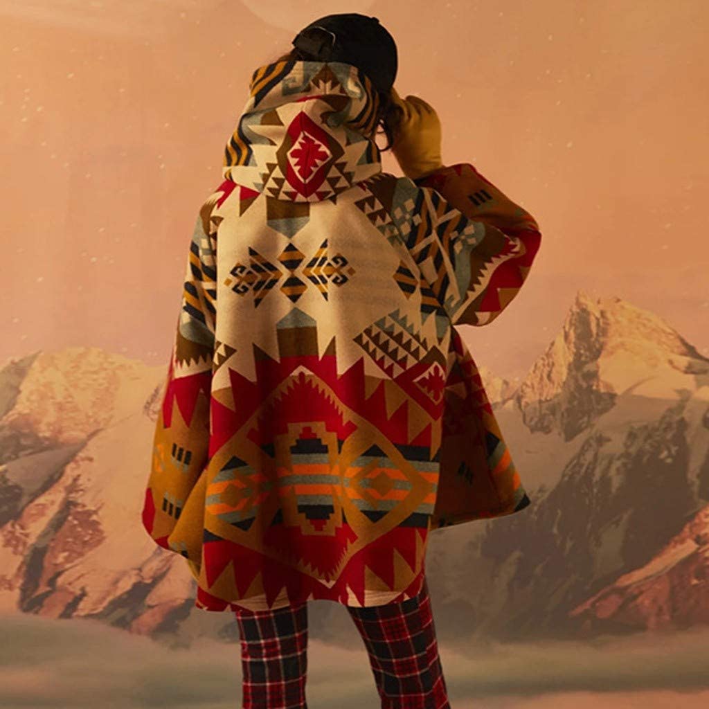 Dosoop Women Fall Winter Woolen Coat Long Sleeve Horn Buckle Vintage Retro Printed Parka Jacket Hood