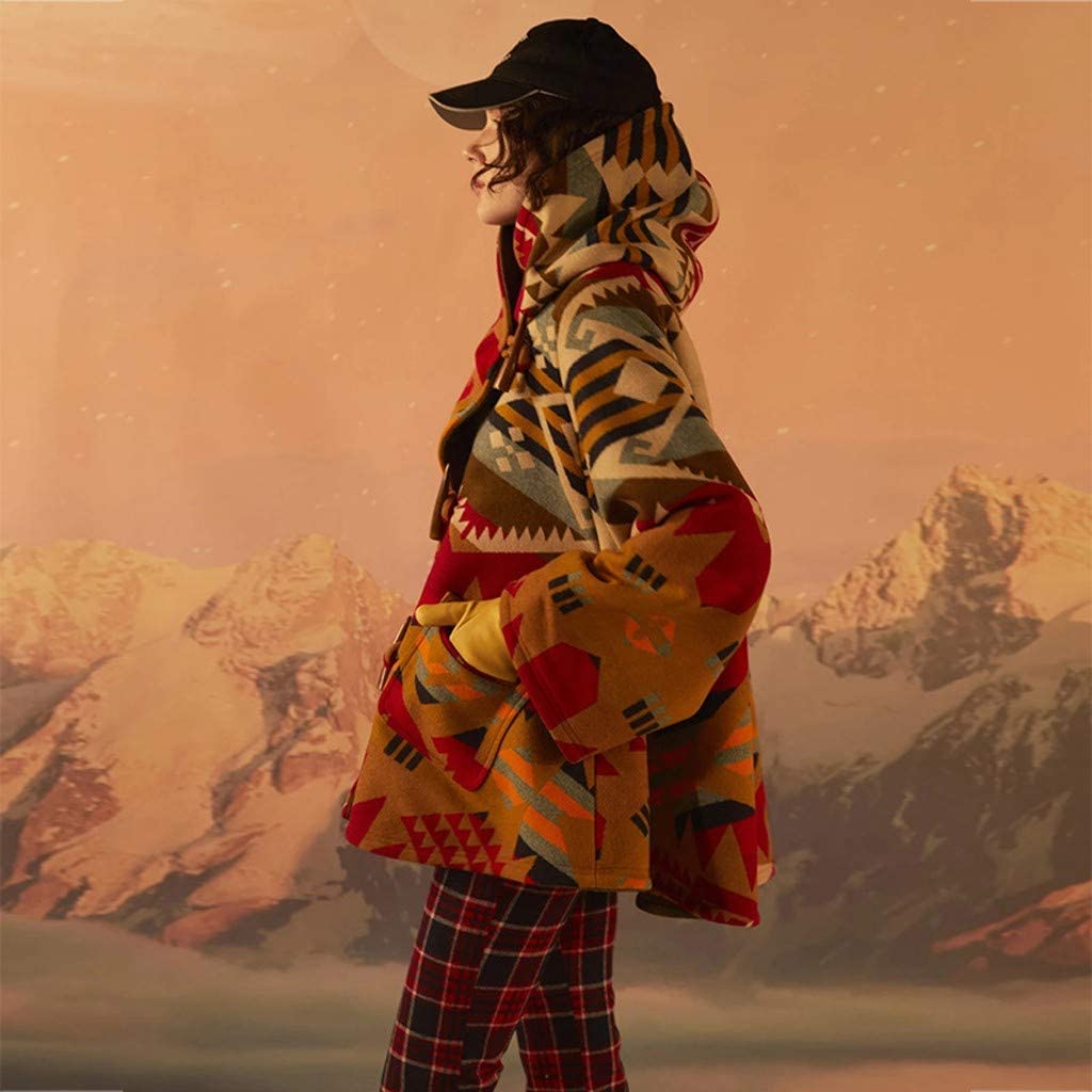 Dosoop Women Fall Winter Woolen Coat Long Sleeve Horn Buckle Vintage Retro Printed Parka Jacket Hood
