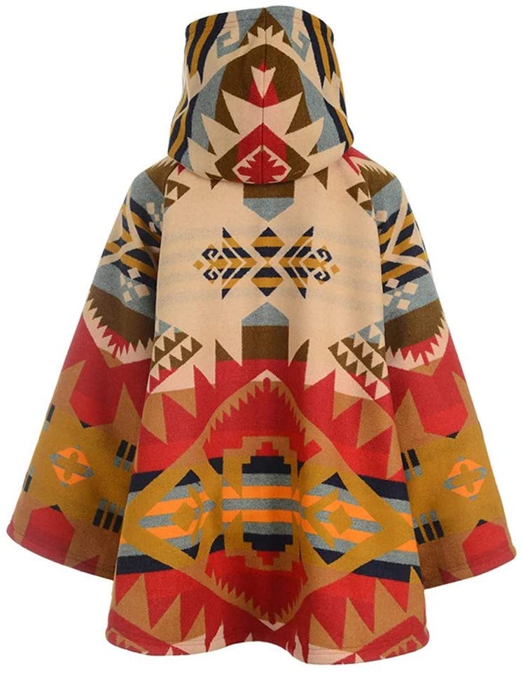 Dosoop Women Fall Winter Woolen Coat Long Sleeve Horn Buckle Vintage Retro Printed Parka Jacket Hood